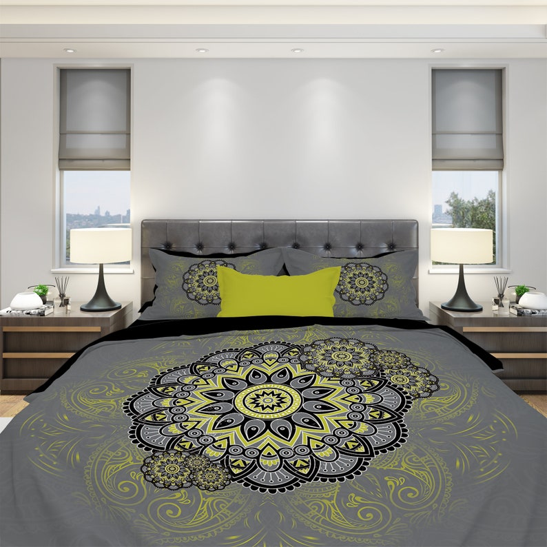 Emerald Blossoms - Chartreuse Mandala Bedding Set For Hippies