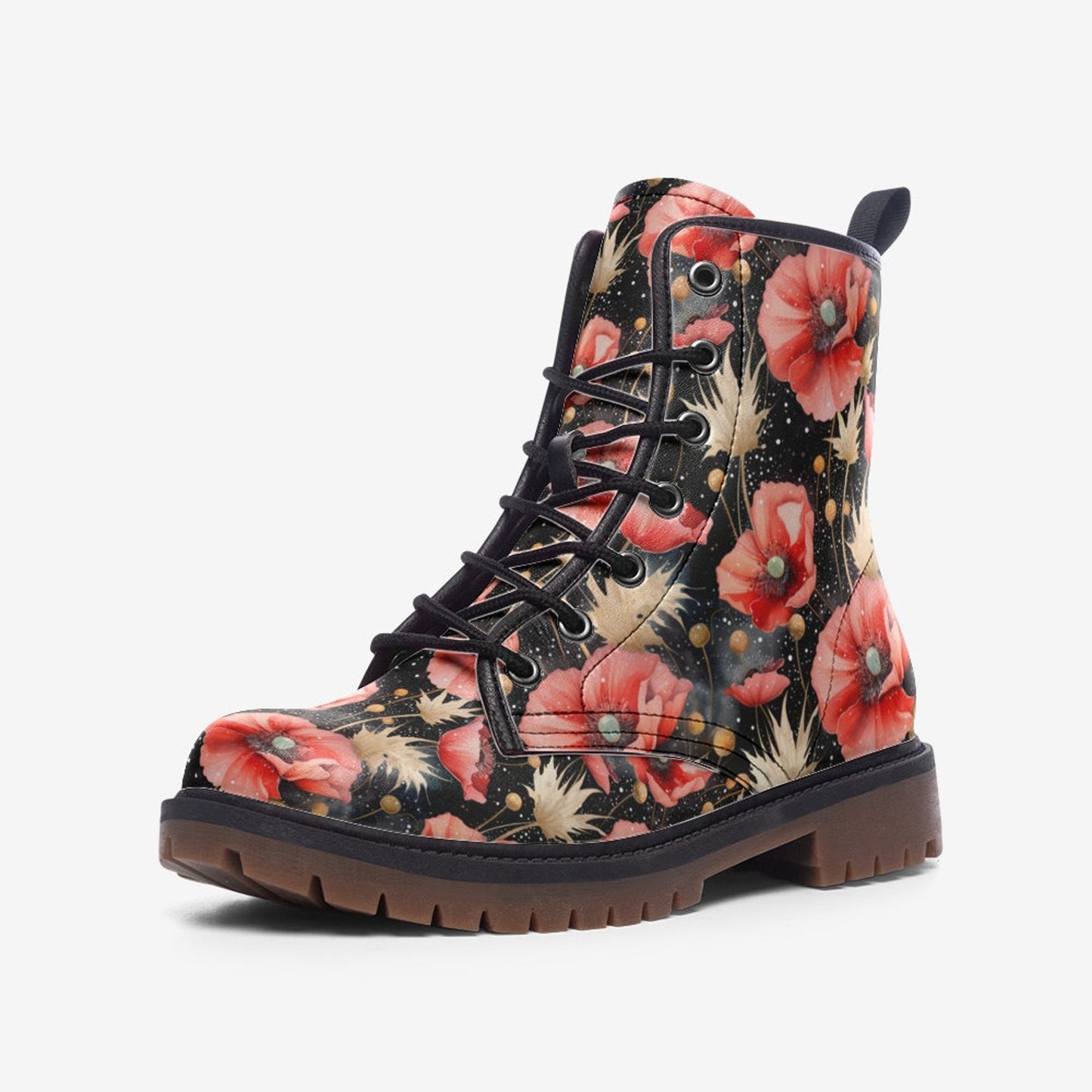 Emerald Blossoms - Cornflowers & Poppy Flowers Vegan Leather Combat Boots For Hippies