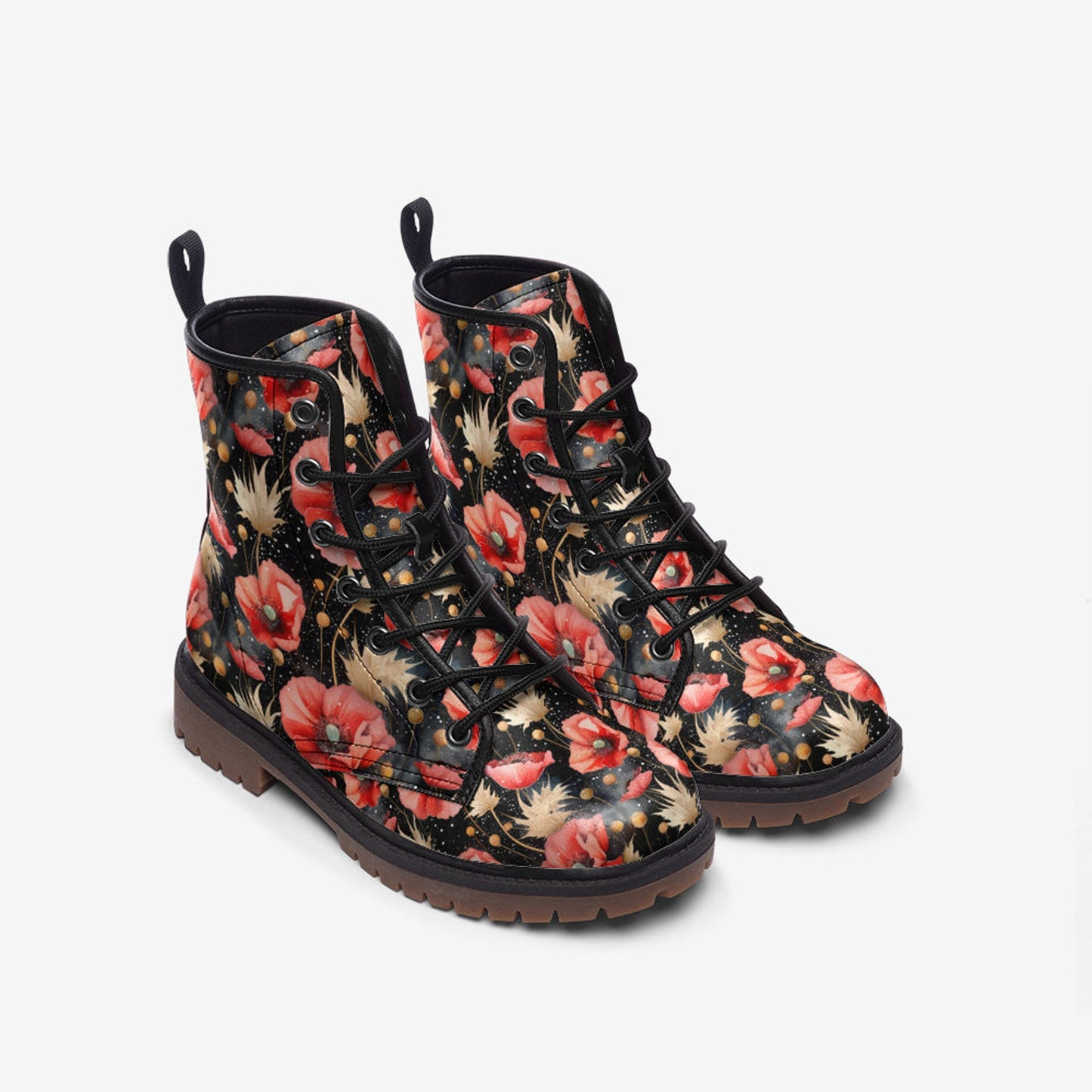 Emerald Blossoms - Cornflowers & Poppy Flowers Vegan Leather Combat Boots For Hippies