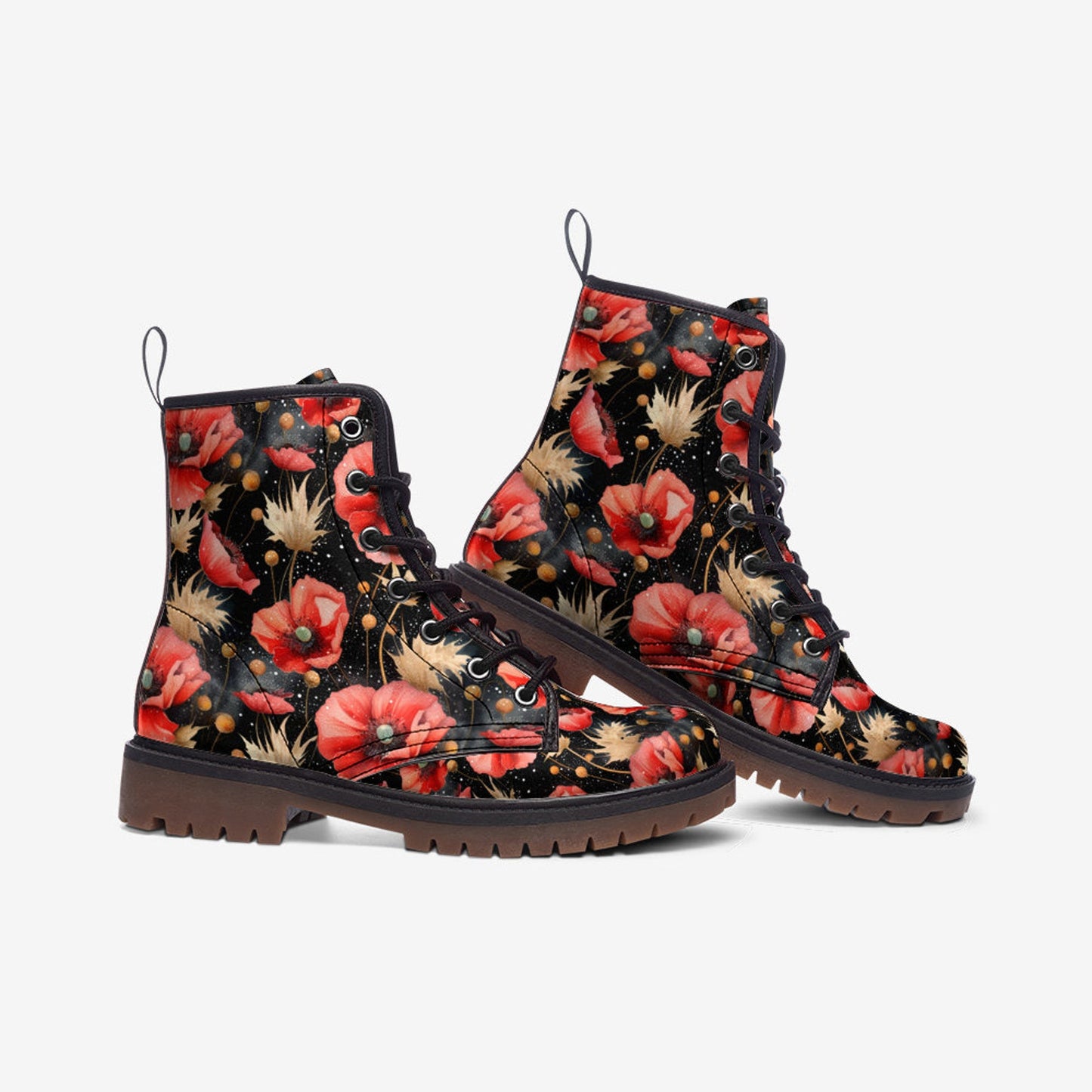 Emerald Blossoms - Cornflowers & Poppy Flowers Vegan Leather Combat Boots For Hippies