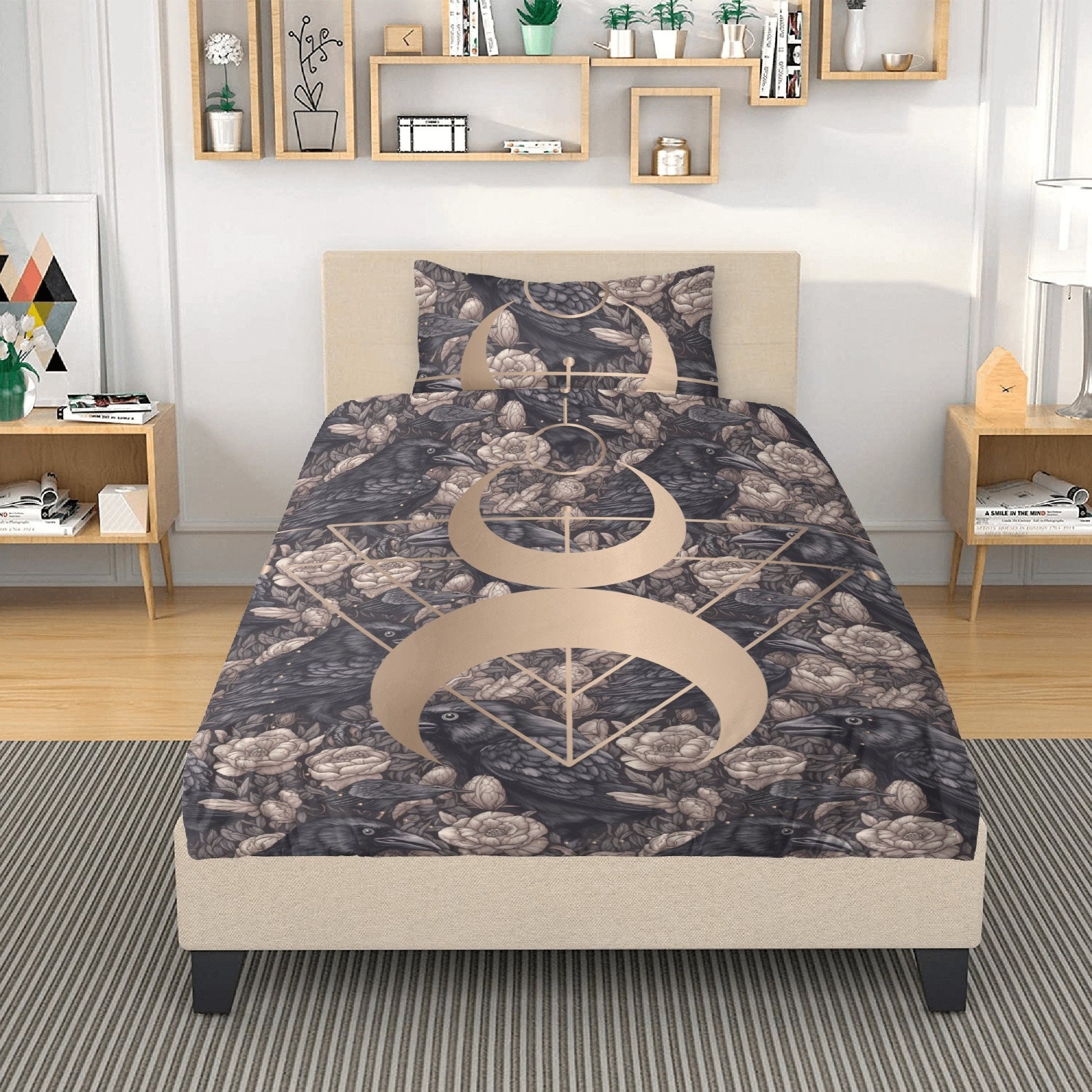 Dark Academia Raven Dusty Rose Bedding Set For Hippies