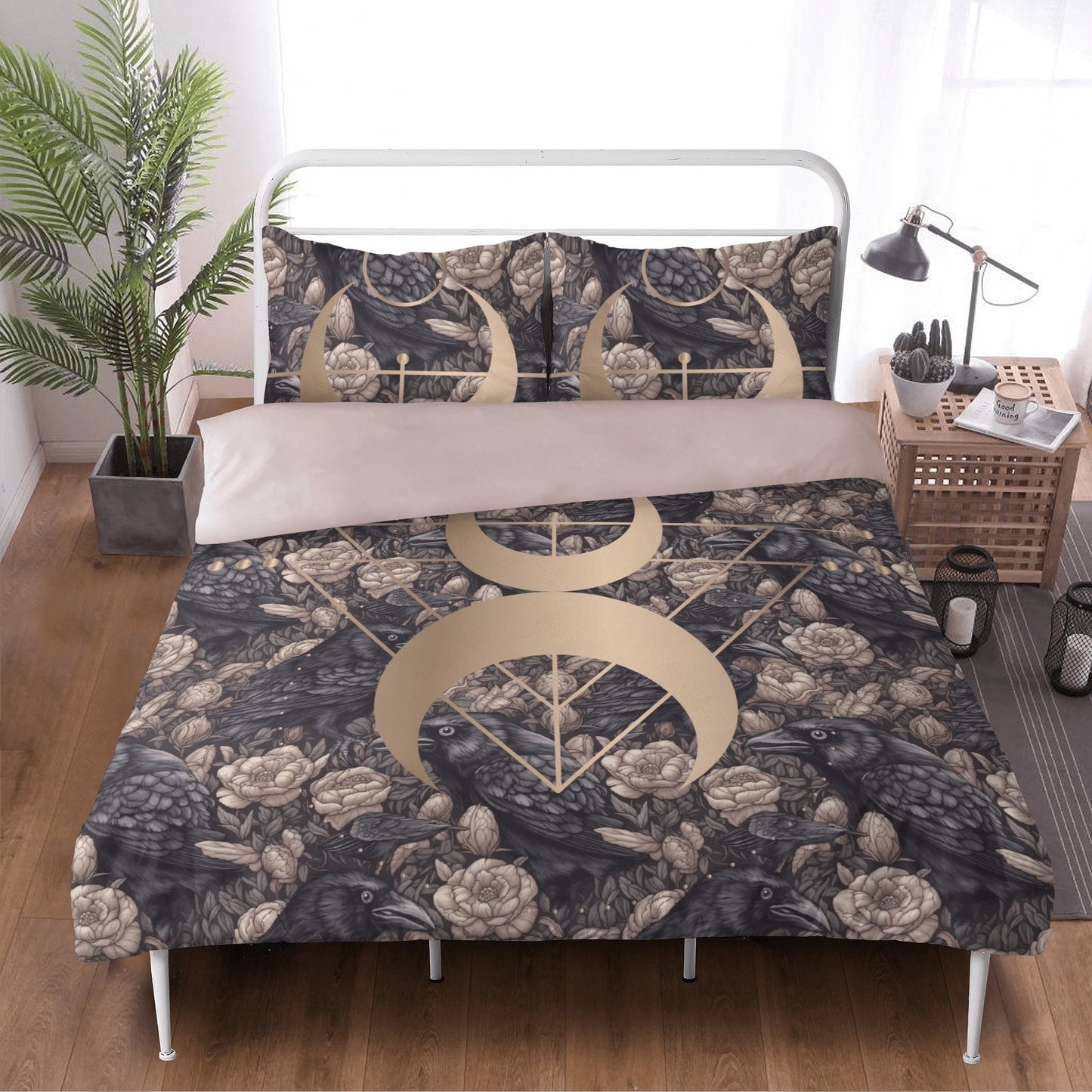 Dark Academia Raven Dusty Rose Bedding Set For Hippies