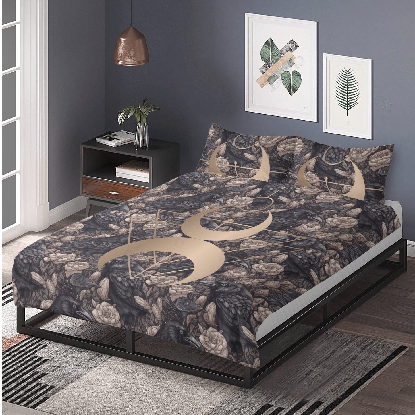 Dark Academia Raven Dusty Rose Bedding Set For Hippies