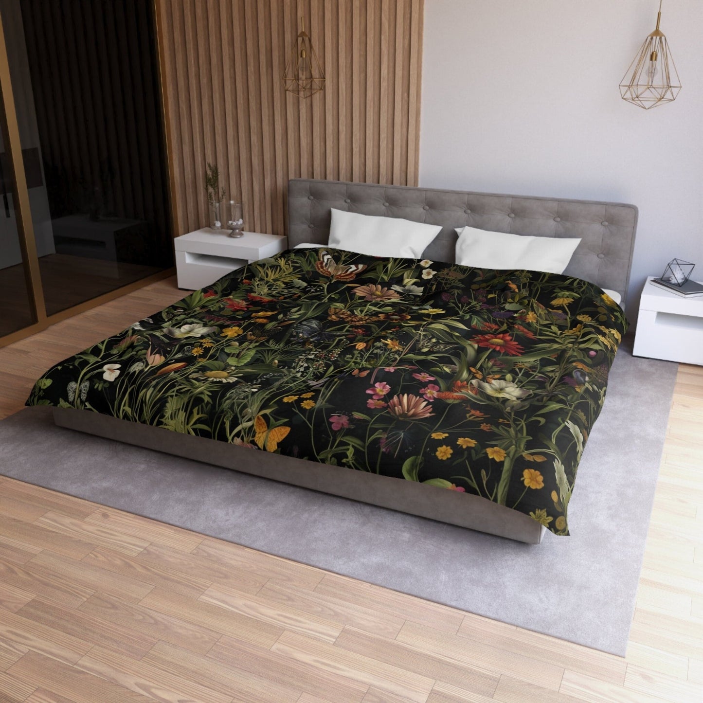 Emerald Blossoms - Dark Botanical Wildflower Duvet Cover, Bedding Set For Hippies