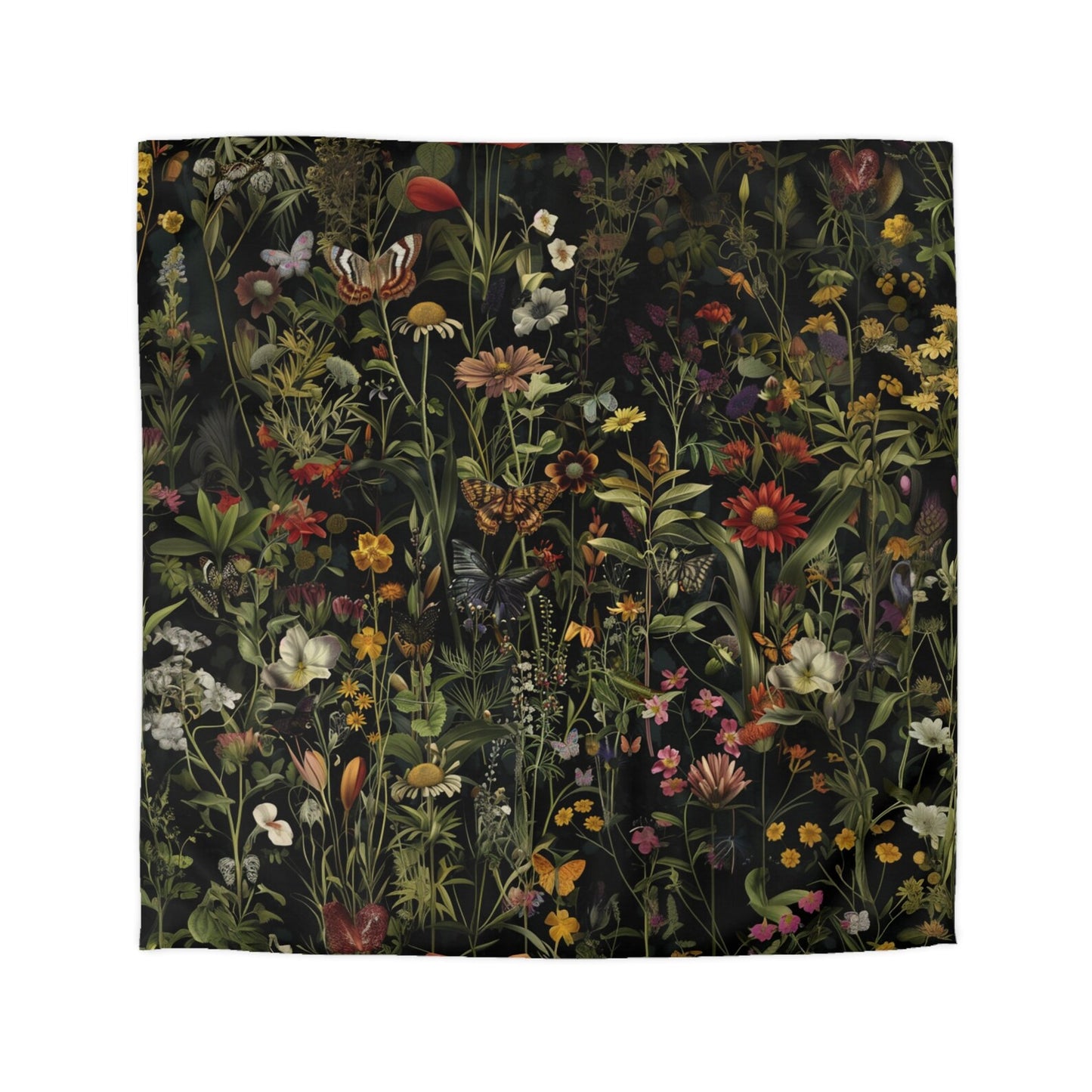 Emerald Blossoms - Dark Botanical Wildflower Duvet Cover, Bedding Set For Hippies