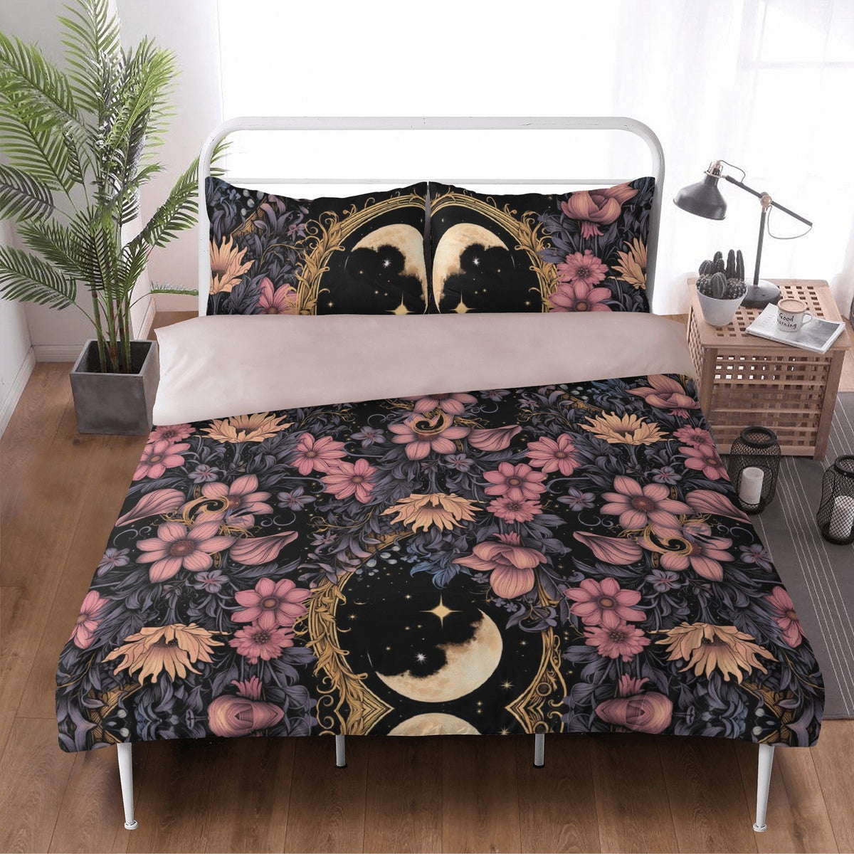 Dark Cottagecore Floral Moon Bedding Set For Hippies