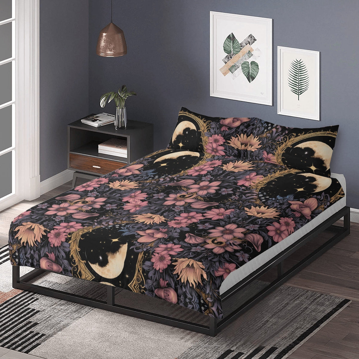 Dark Cottagecore Floral Moon Bedding Set For Hippies