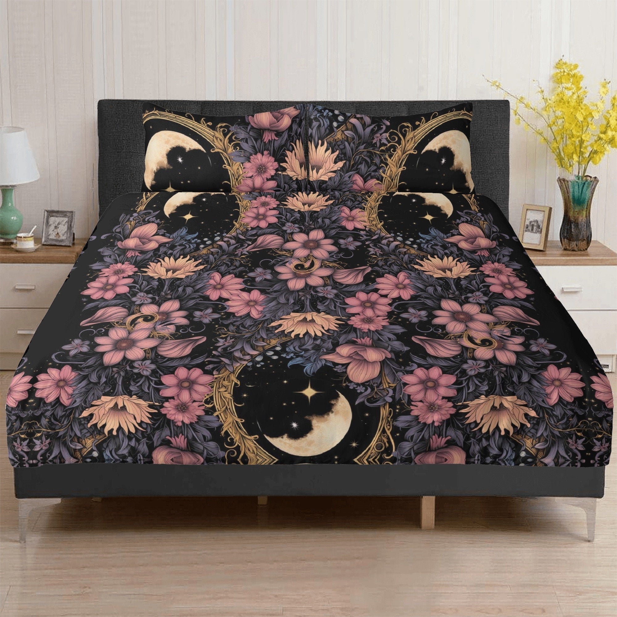 Dark Cottagecore Floral Moon Bedding Set For Hippies