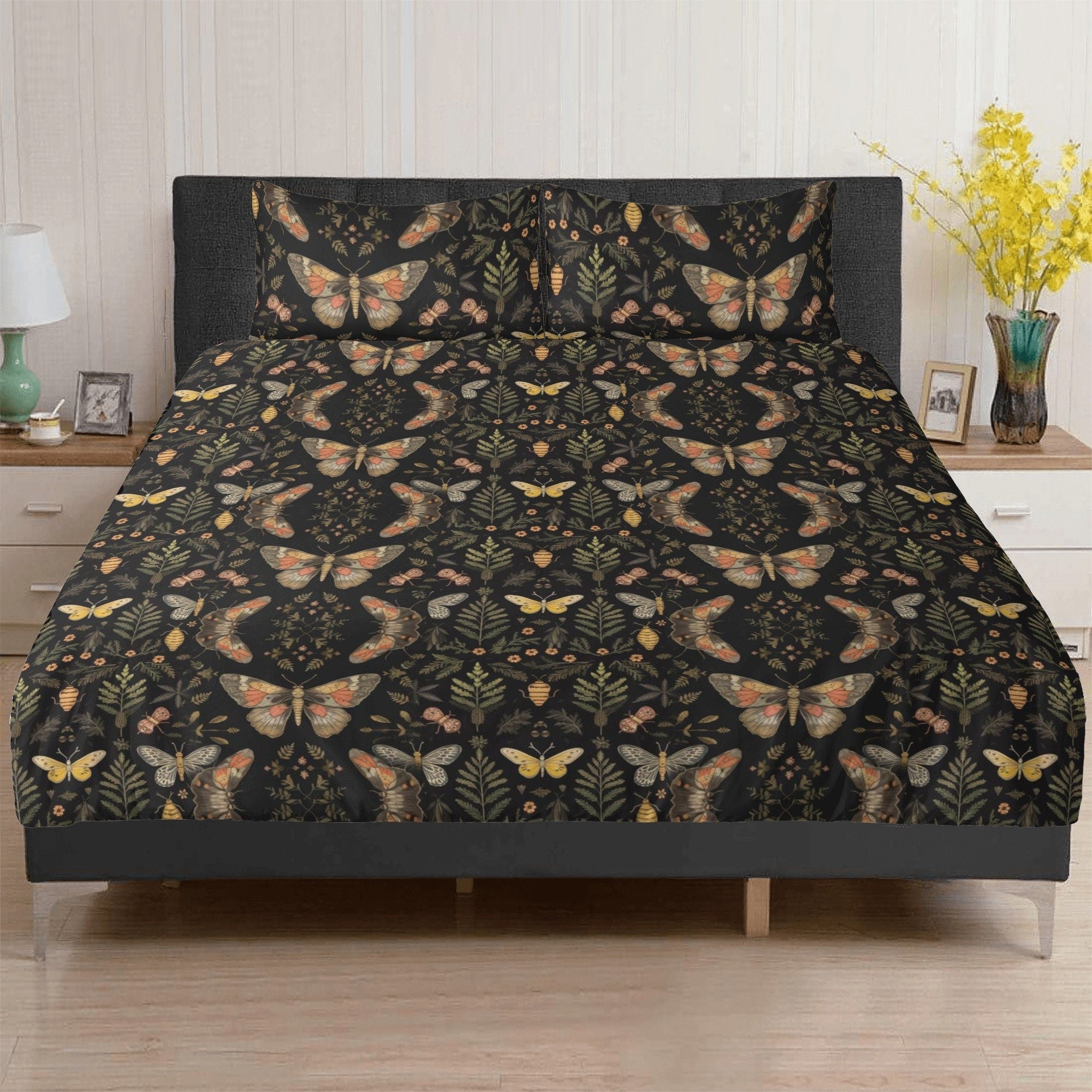 Dark Cottagecore Forest, Moth Butterflies Bedding Set For Hippies