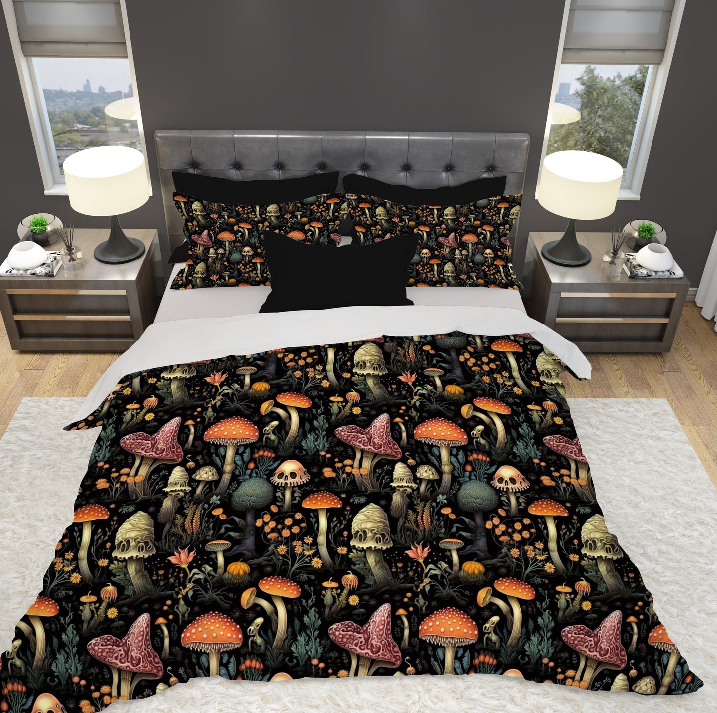 Emerald Blossoms - Dark Dweller Mushroom Duvet Cover, Bedding Set For Hippies