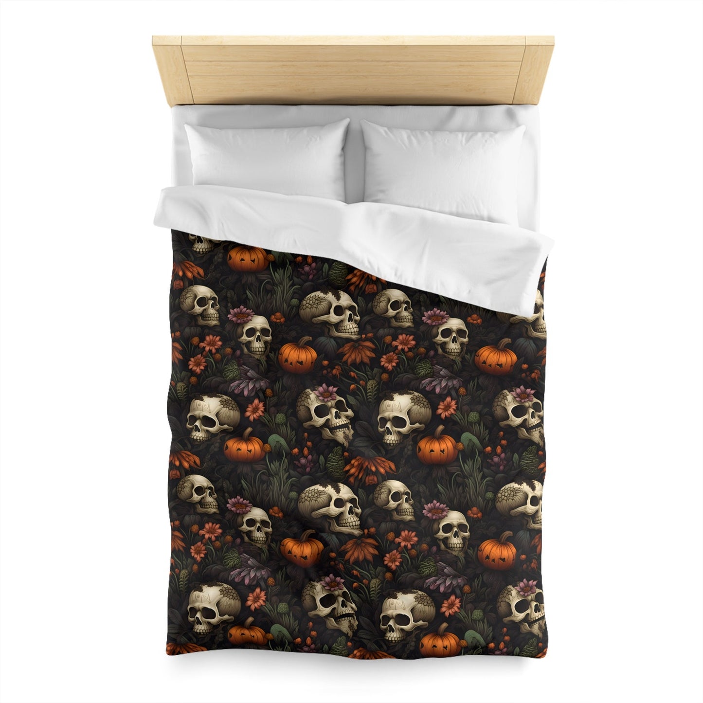 Emerald Blossoms - Dead Harvest Garden, Pumpkin Halloween Skull Bedding Set For Hippies