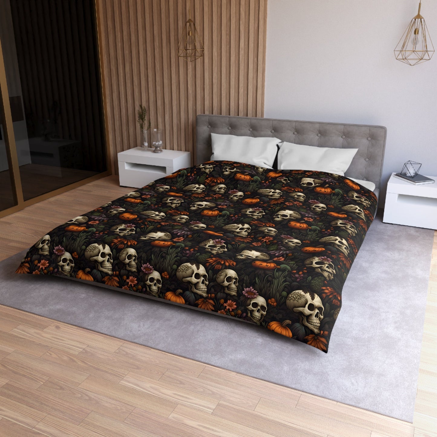 Emerald Blossoms - Dead Harvest Garden, Pumpkin Halloween Skull Bedding Set For Hippies