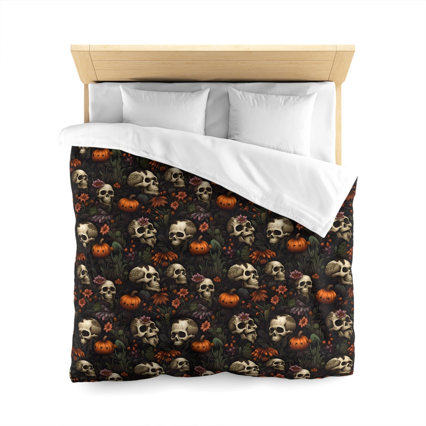 Emerald Blossoms - Dead Harvest Garden, Pumpkin Halloween Skull Bedding Set For Hippies