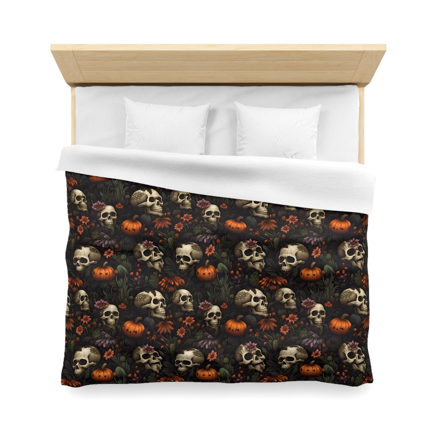 Emerald Blossoms - Dead Harvest Garden, Pumpkin Halloween Skull Bedding Set For Hippies