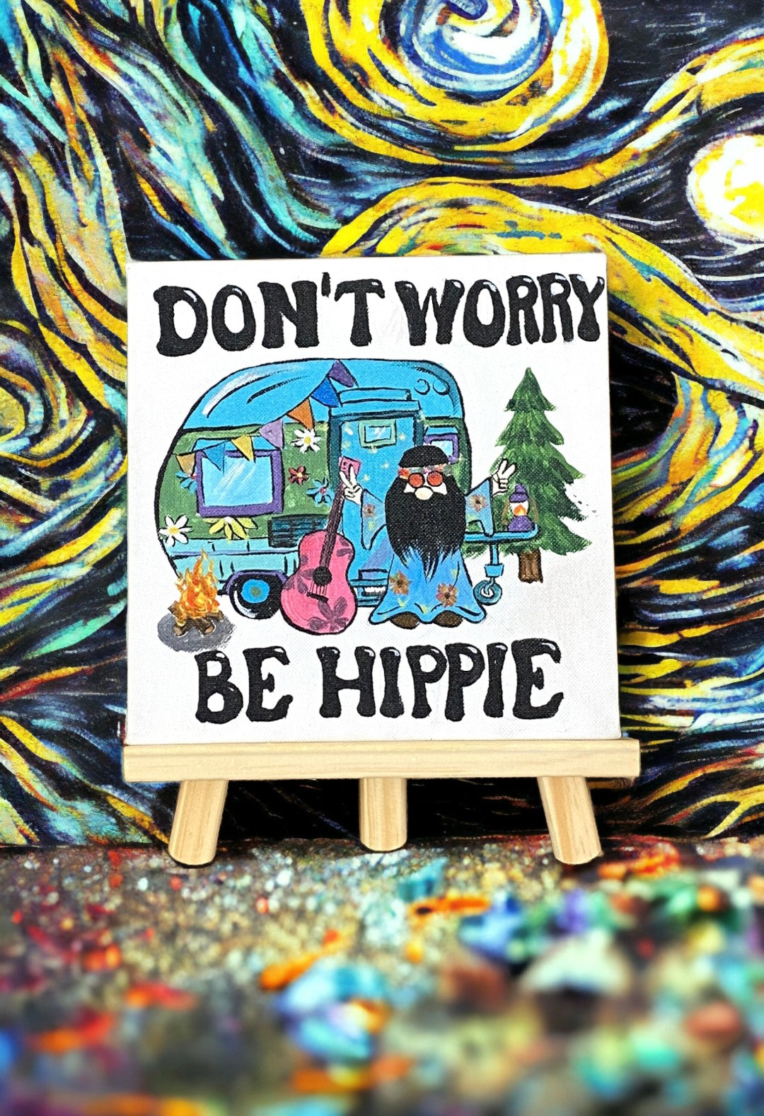 Emerald Blossoms - A hand painted canvas &quot;Don’t Worry, Be Hippie&quot;
