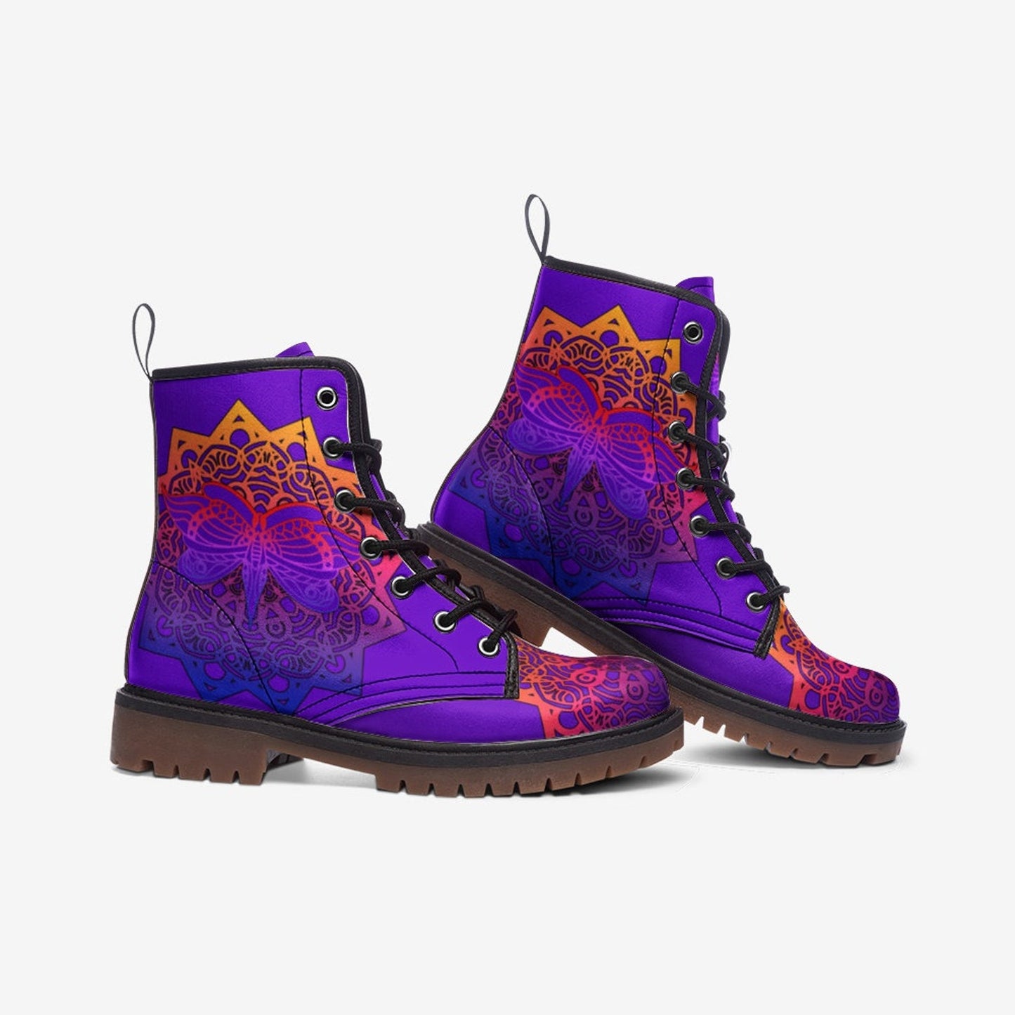 Emerald Blossoms - Dragonfly Mandala Vegan Leather Combat Boots For Hippies