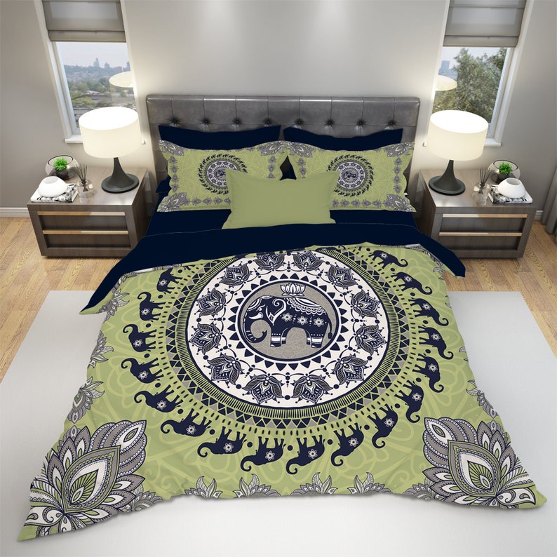 Emerald Blossoms - Elephant Bohemian Bedding Set For Hippies