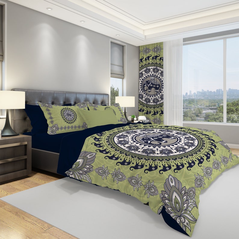 Emerald Blossoms - Elephant Bohemian Bedding Set For Hippies