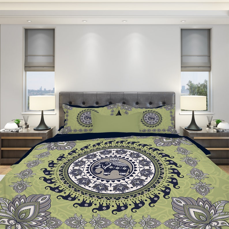 Emerald Blossoms - Elephant Bohemian Bedding Set For Hippies