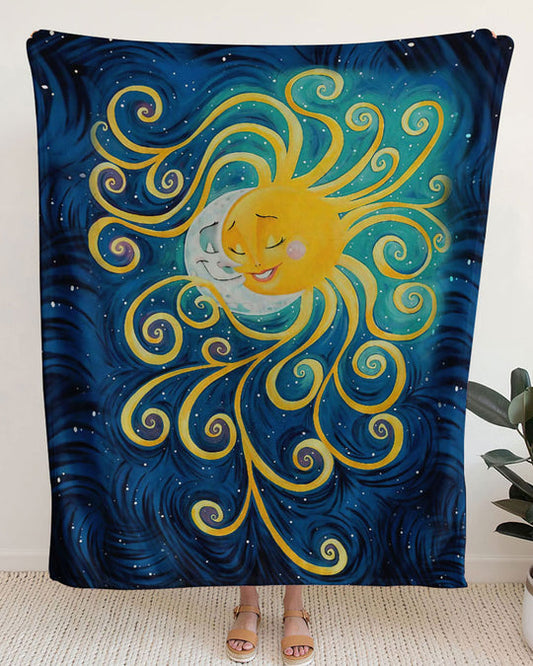 Emerald Blossoms - Sun And Moon, Starry Night Fleece Blanket For Hippies