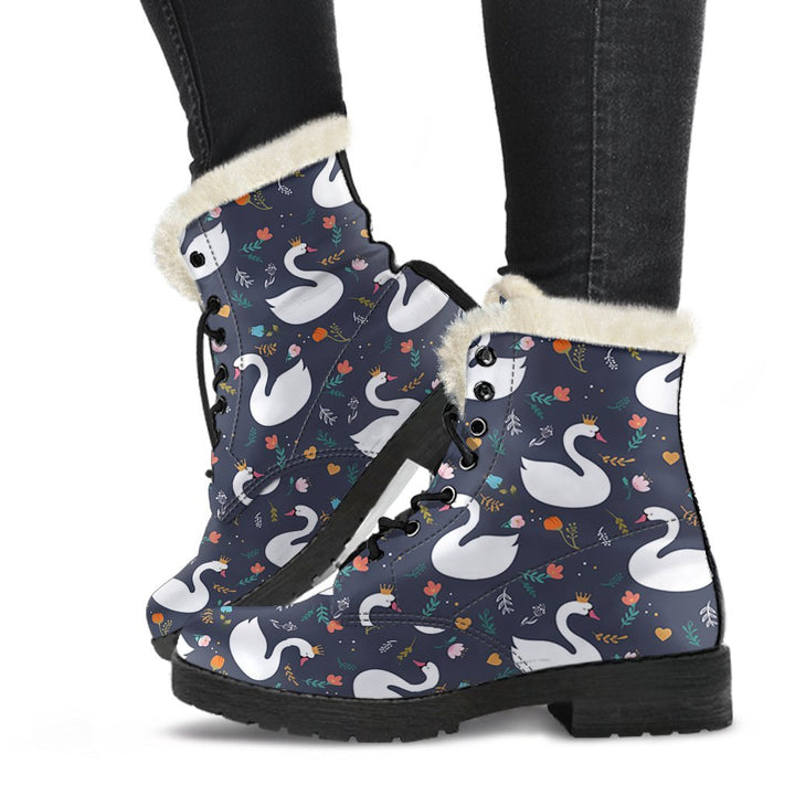 Beautiful Flowers Queen Swan Cartoon Print Comfy Faux Fur Boots For Winter Season