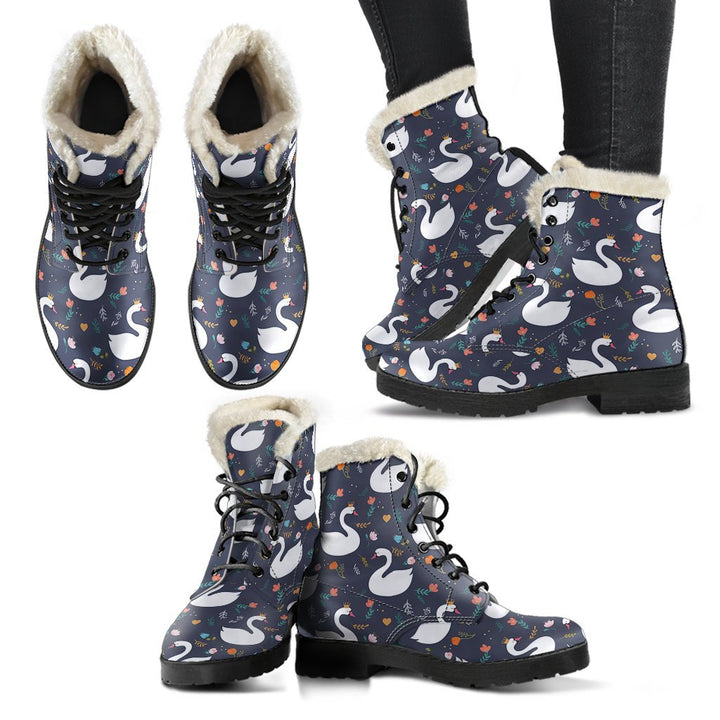 Beautiful Flowers Queen Swan Cartoon Print Comfy Faux Fur Boots For Winter Season