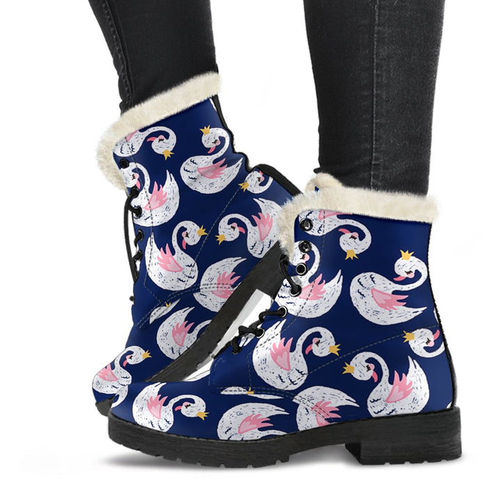 Beautiful Queen Swan Cartoon Print Comfy Faux Fur Boots For Winter Season