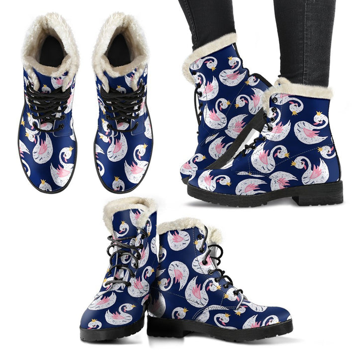 Beautiful Queen Swan Cartoon Print Comfy Faux Fur Boots For Winter Season