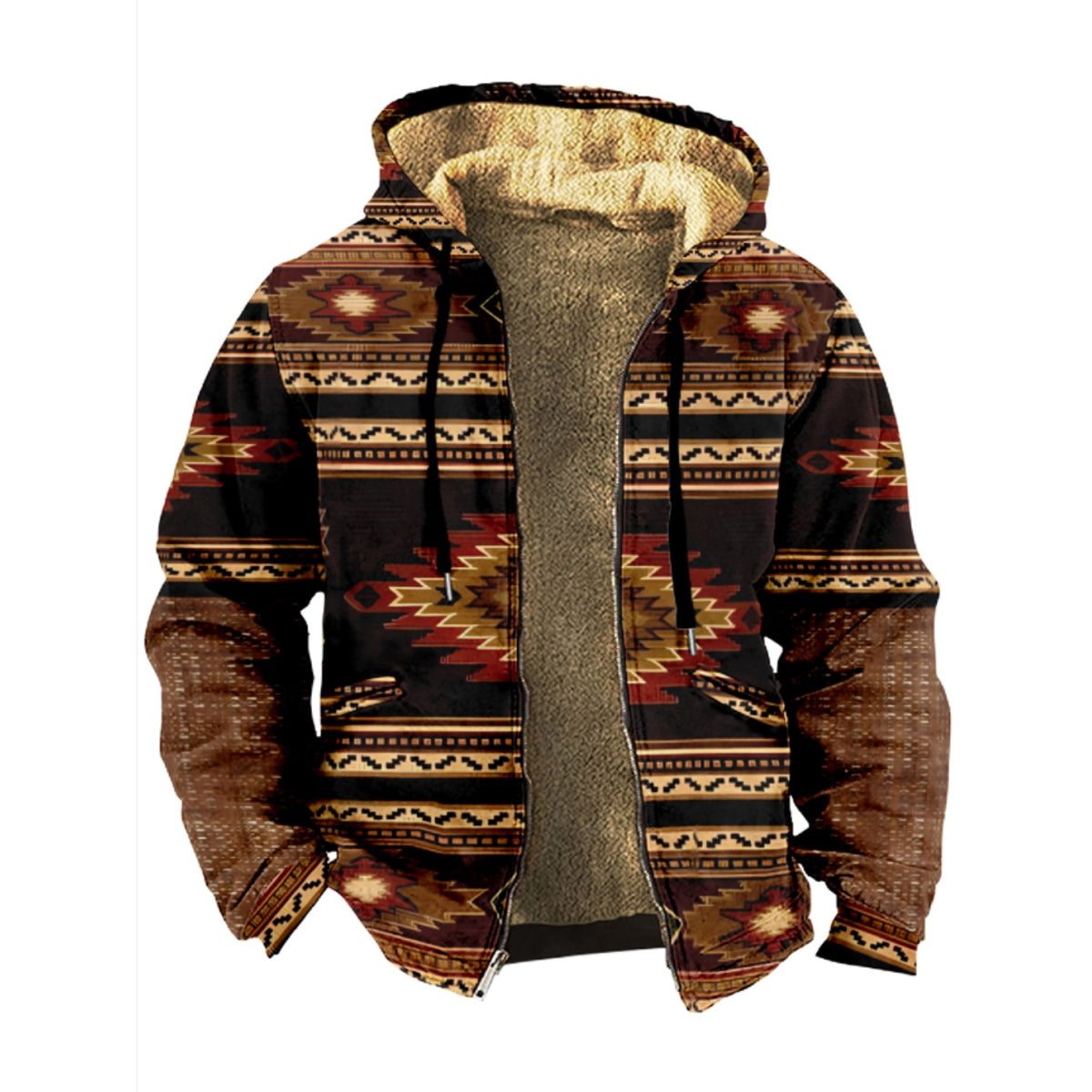 Emerald Blossoms - Black And Brown Native American Pattern Print Wool Hooded Jackets For Hippie