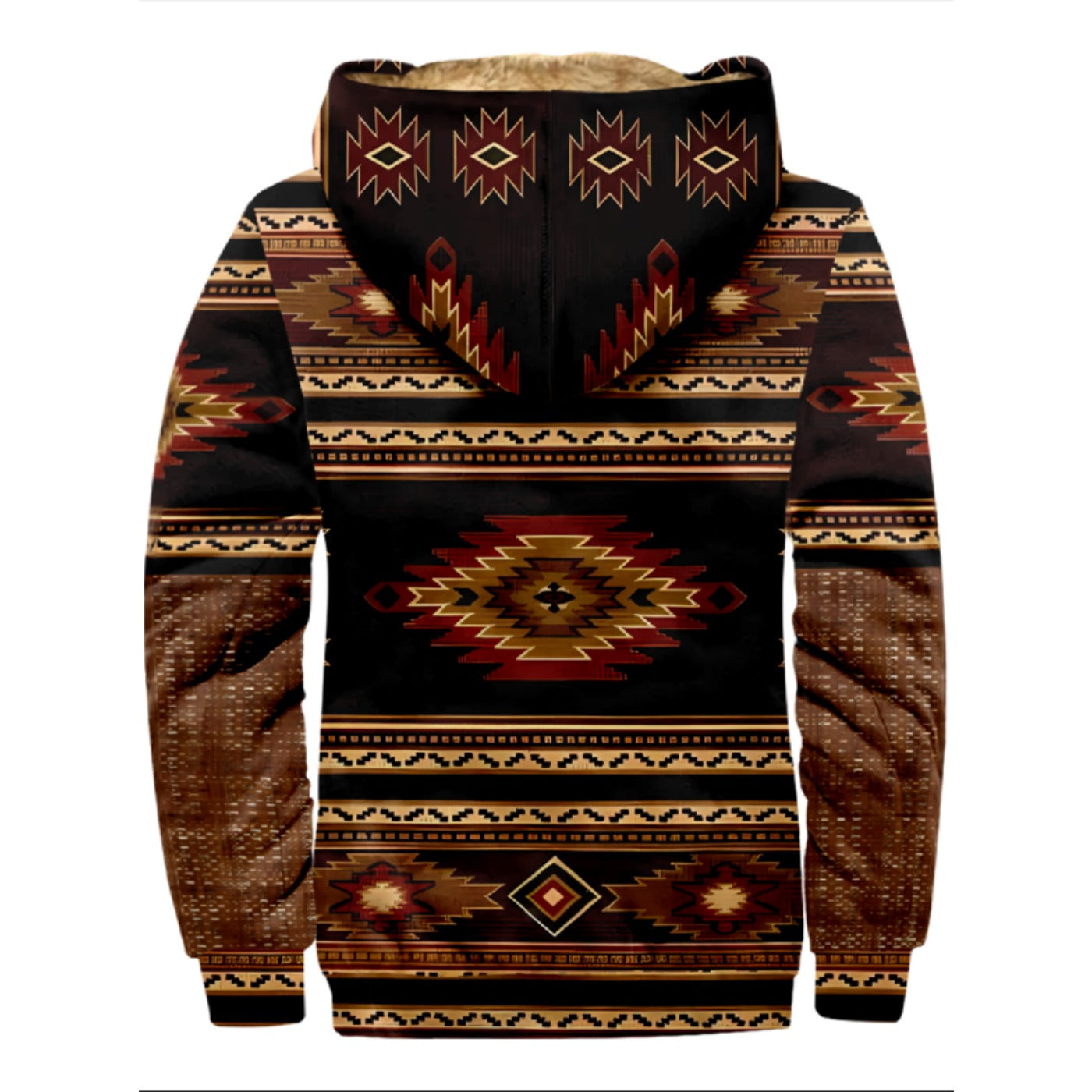 Emerald Blossoms - Black And Brown Native American Pattern Print Wool Hooded Jackets For Hippie