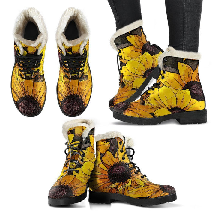 Blooming Sunflowers Print Comfy Faux Fur Boots For Winter Season