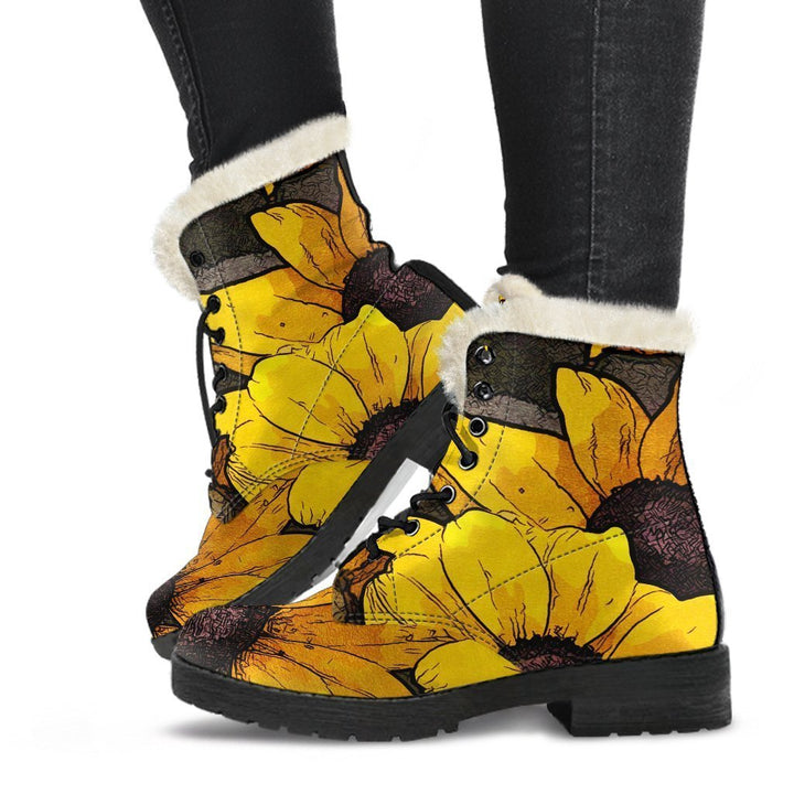 Blooming Sunflowers Print Comfy Faux Fur Boots For Winter Season