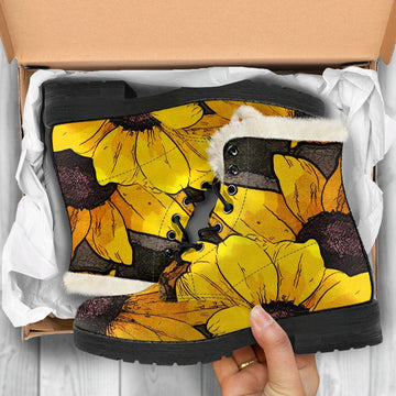 Blooming Sunflowers Print Comfy Faux Fur Boots For Winter Season