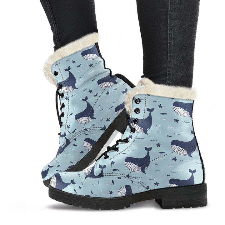 Blue Ocean, Cute Humpback Whale Print Comfy Faux Fur Boots For Winter Season