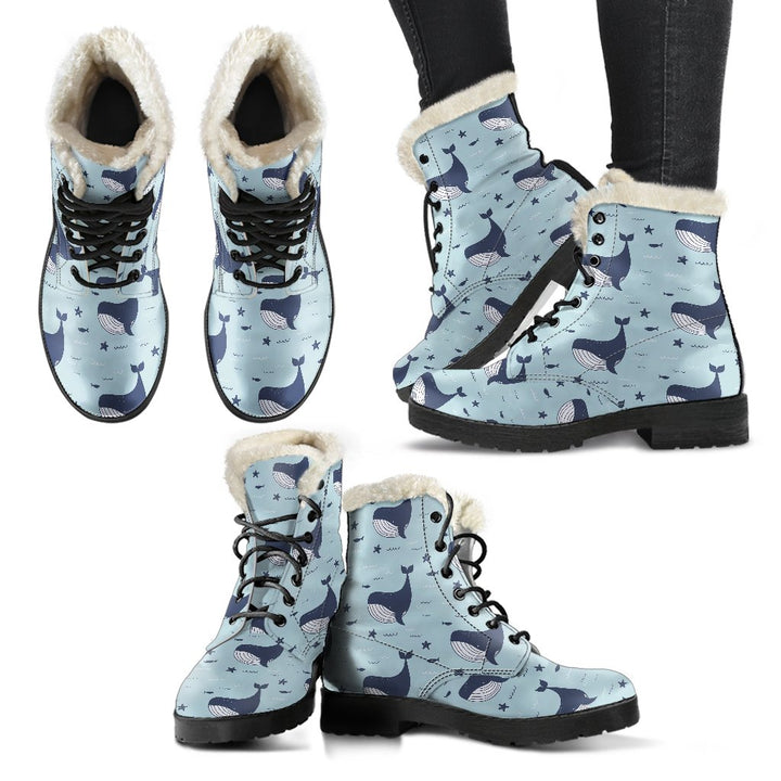 Blue Ocean, Cute Humpback Whale Print Comfy Faux Fur Boots For Winter Season