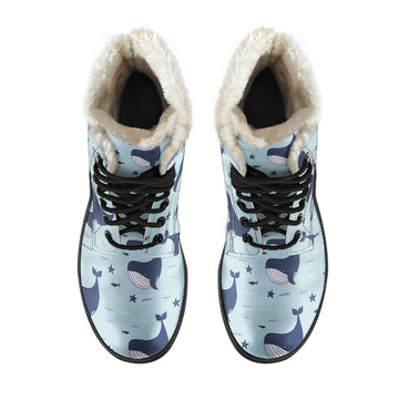 Blue Ocean, Cute Humpback Whale Print Comfy Faux Fur Boots For Winter Season