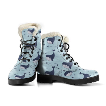 Blue Ocean, Cute Humpback Whale Print Comfy Faux Fur Boots For Winter Season