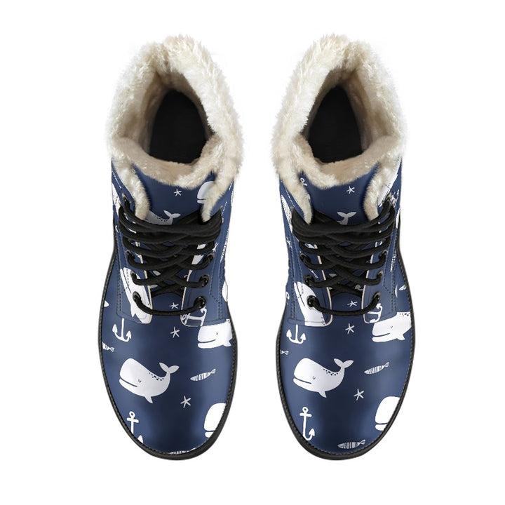 Blue Sea, Cute Humpback Whale Print Comfy Faux Fur Boots For Winter Season