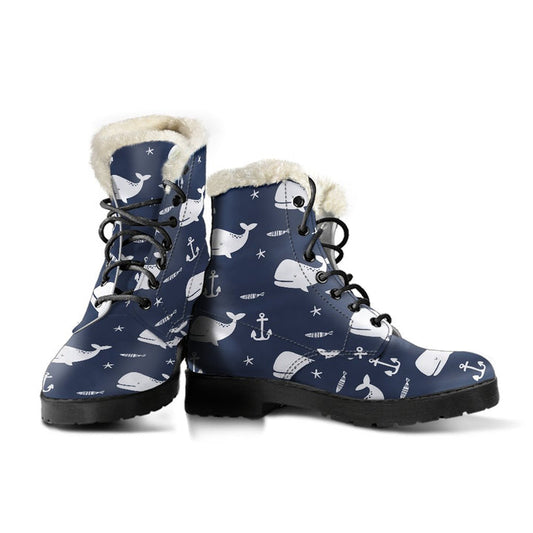 Blue Sea, Cute Humpback Whale Print Comfy Faux Fur Boots For Winter Season