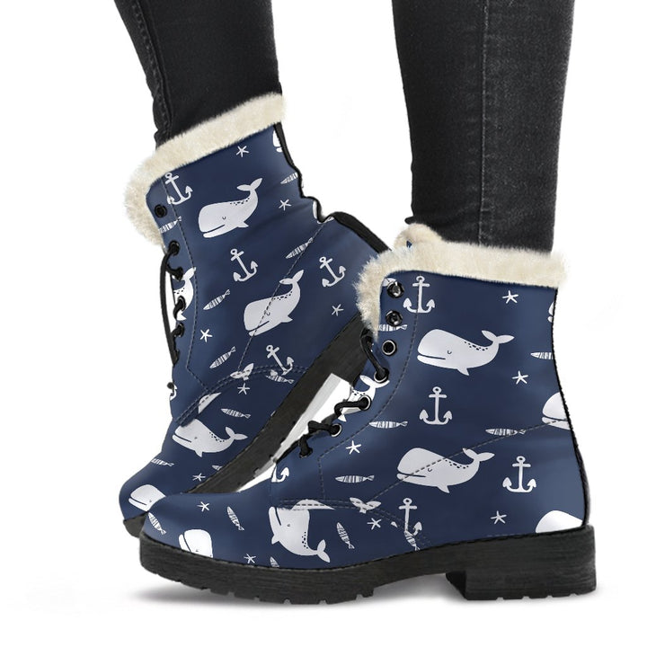 Blue Sea, Cute Humpback Whale Print Comfy Faux Fur Boots For Winter Season