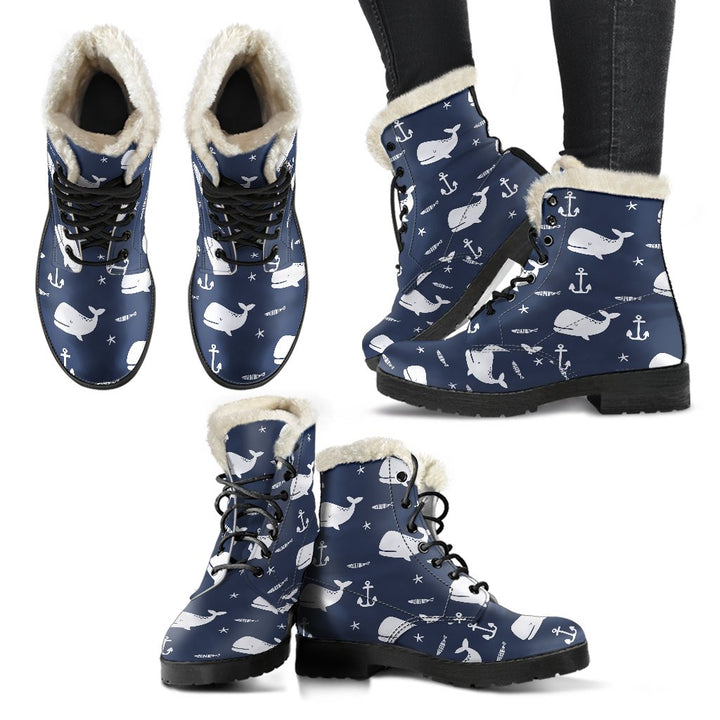 Blue Sea, Cute Humpback Whale Print Comfy Faux Fur Boots For Winter Season