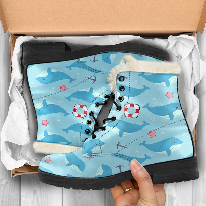 Blue Sea, Whale Humpback Print Comfy Faux Fur Boots For Winter Season