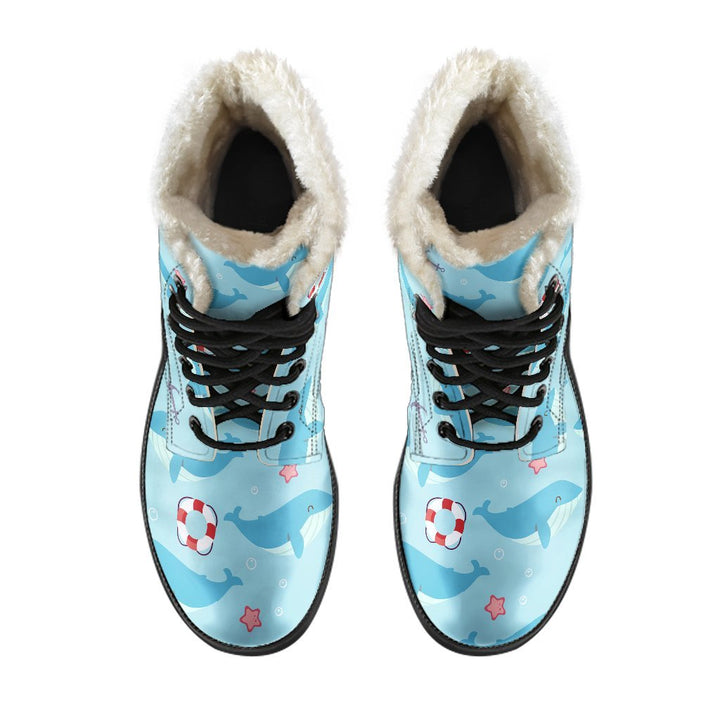 Blue Sea, Whale Humpback Print Comfy Faux Fur Boots For Winter Season