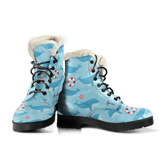 Blue Sea, Whale Humpback Print Comfy Faux Fur Boots For Winter Season