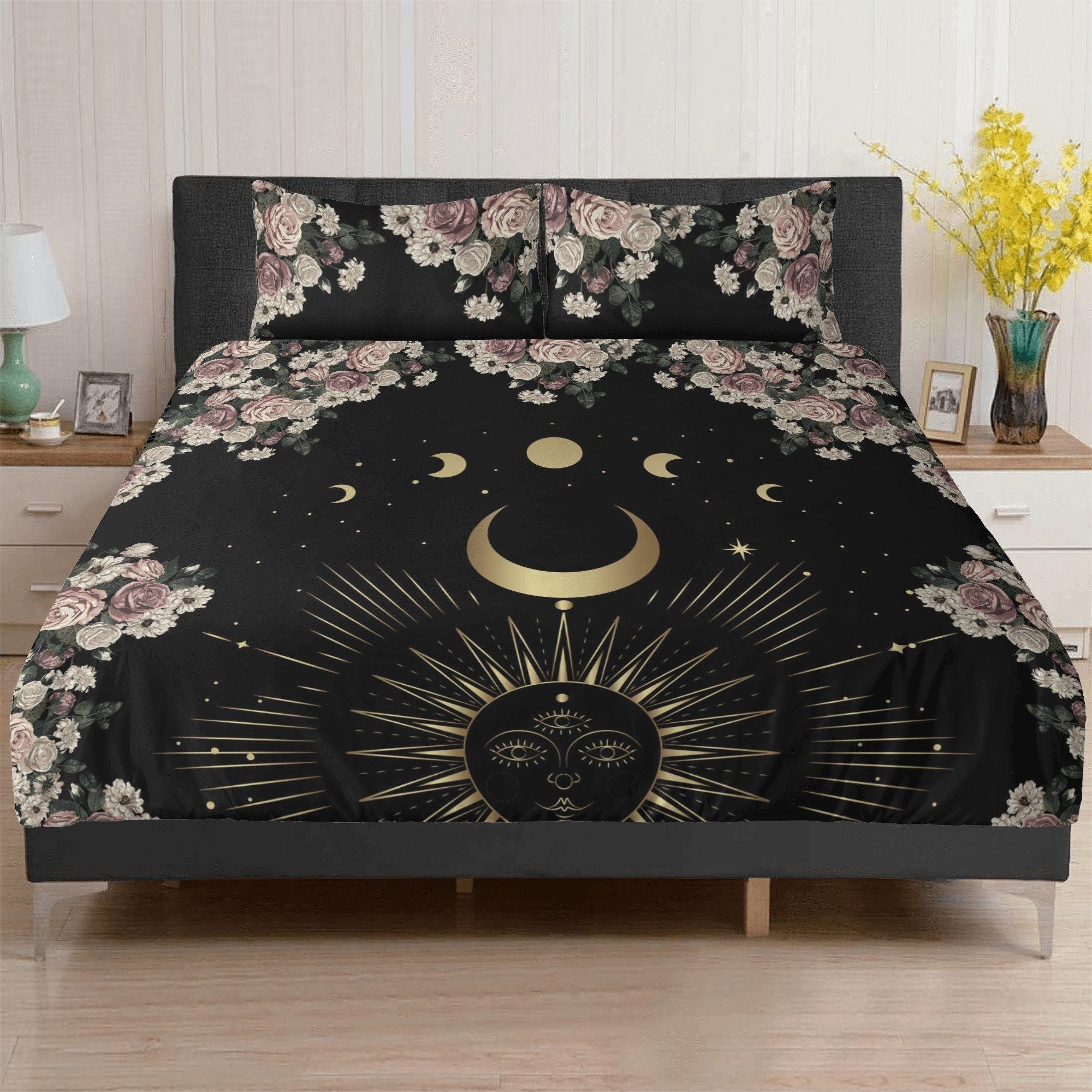 Boho Dark Cottagecore Pale Rose Moon Bedding Set For Hippies