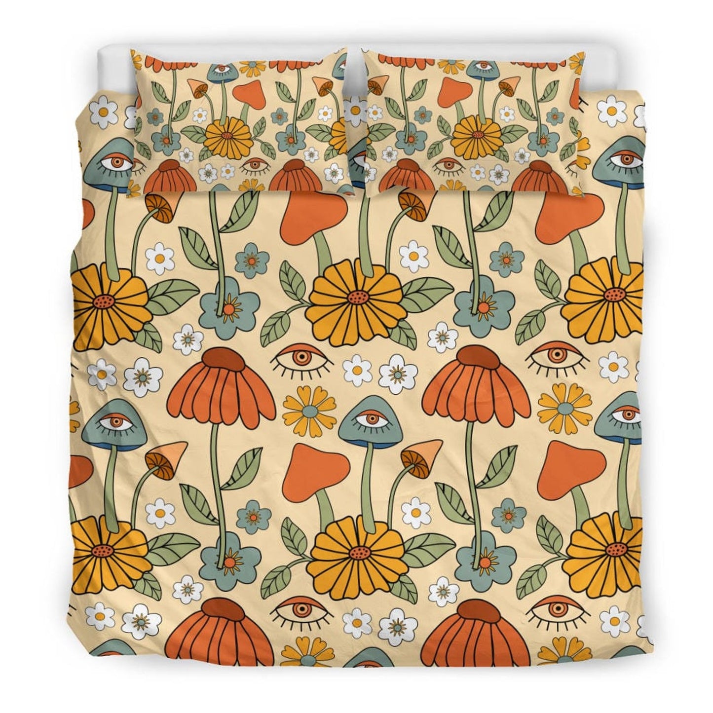 Emerald Blossoms - Mushroom Duvet Cover, Boho Flower Bedding, Bedding Set For Hippies