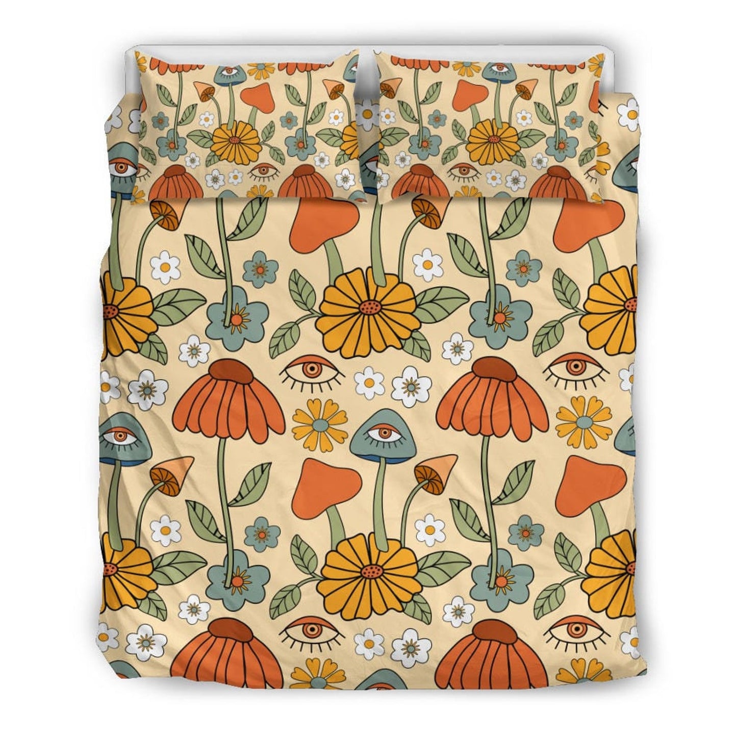 Emerald Blossoms - Mushroom Duvet Cover, Boho Flower Bedding, Bedding Set For Hippies