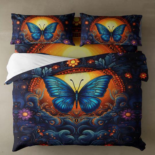 Emerald Blossoms - Celestial Moon And Butterflies Bedding Set For Hippies