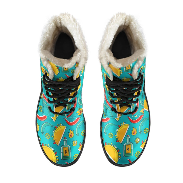 Chilly Taco Pattern Print Comfy Faux Fur Boots For Winter Season