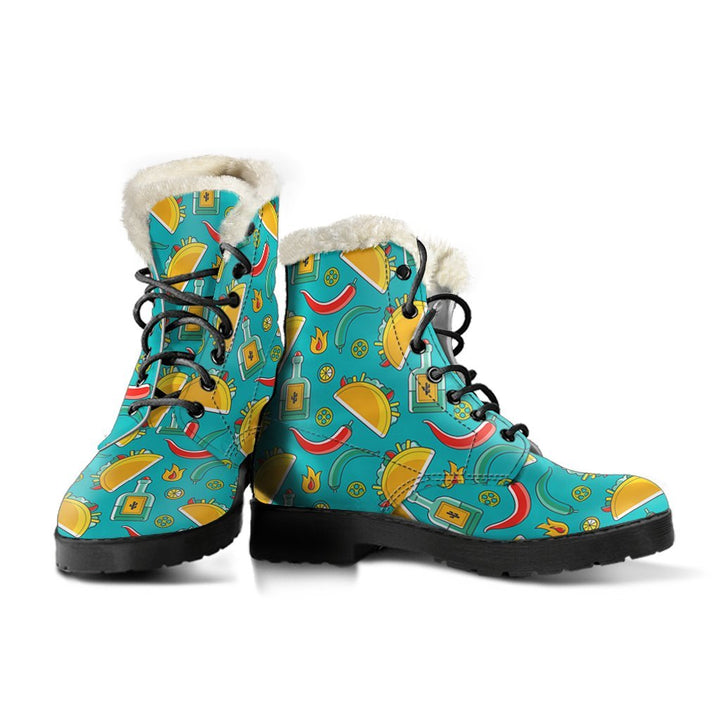 Chilly Taco Pattern Print Comfy Faux Fur Boots For Winter Season